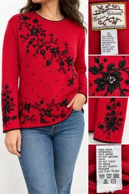 Beaded Floral Heirloom Collectibles Crewneck Sweater Size XL Red Embroidered